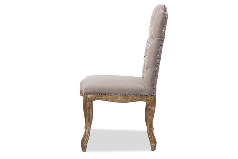 Baxton Studio Hudson Chic Rustic French Country Cottage Weathered Oak Beige Fabric Button-tufted Upholstered Dining Chair