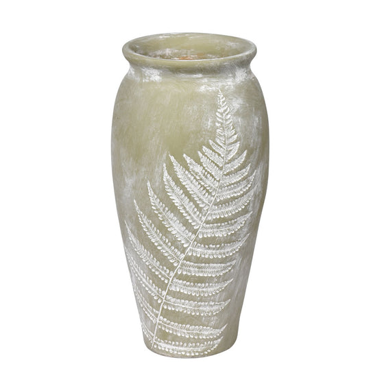 11" Laurel Green Vase White Fern Pattern