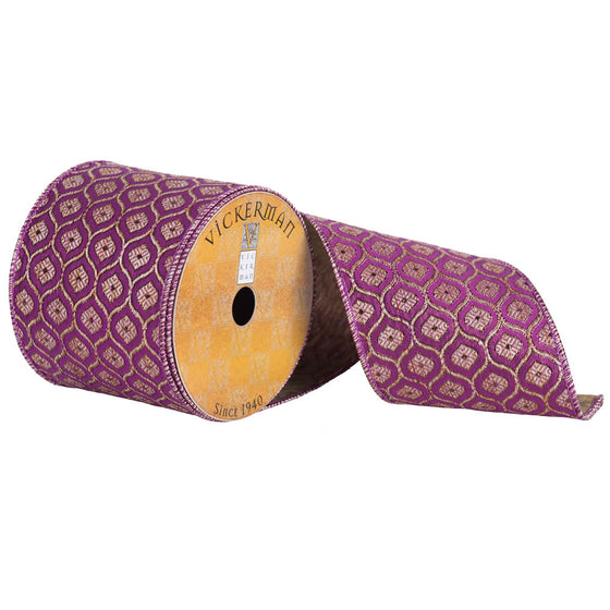 4" x 10yd Purple Gold Jacquard Flower