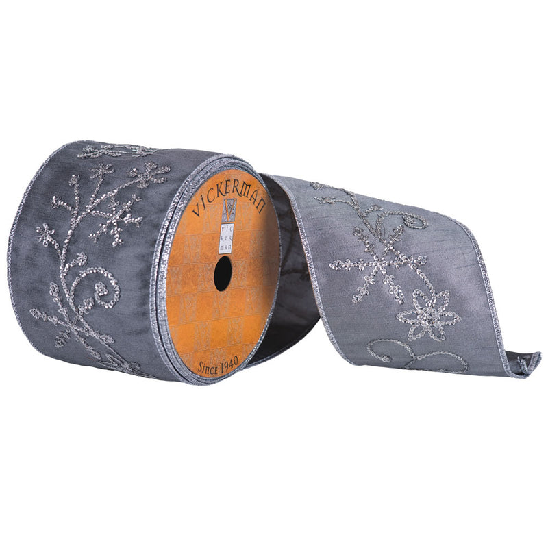 4" x 5yd Gray Snowflake Silver Edge