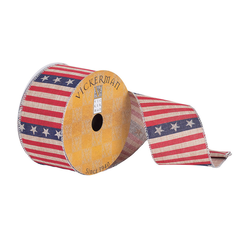 2.5"x10Yd American Flag Tan Woven Ribbon