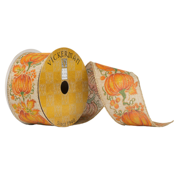 2.5"x10Yd Tan Ribbon Fall Pumpkins Glitt