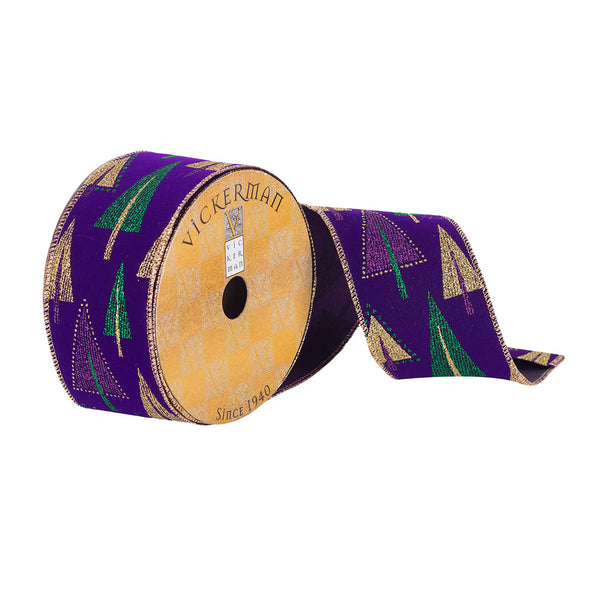 2.5"x10Yd Purple Ribbon Gold/Green Trees