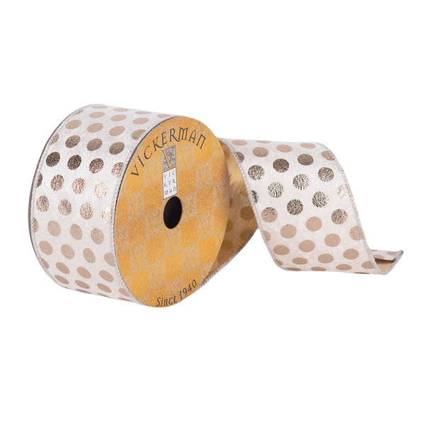 2.5"x10Yd Ivory Velvet Gold Metallic Dot