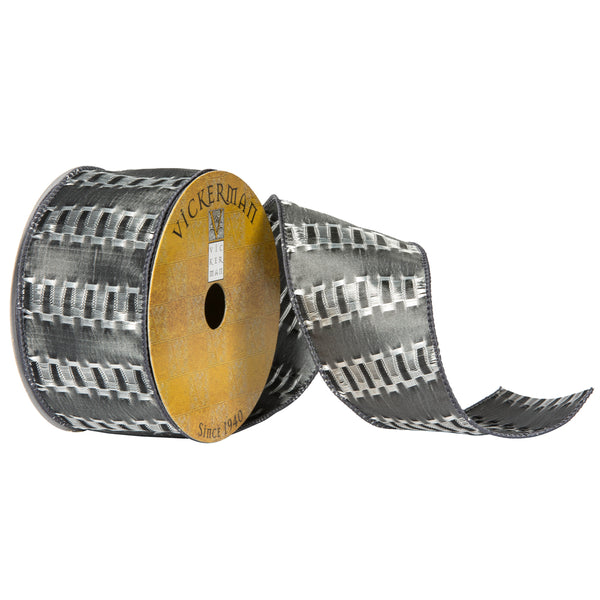 2.5"x10Yd Pewter Fret Stripe Ribbon