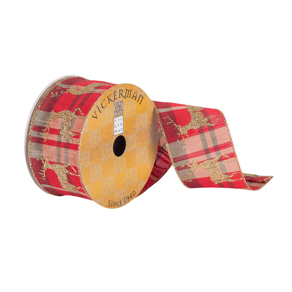 2.5"x10Yd Red Plaid/Gold Reindeer