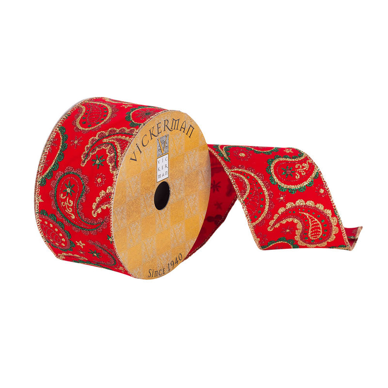 2.5"x10Yd Red/Green/Gold Glitter Paisley