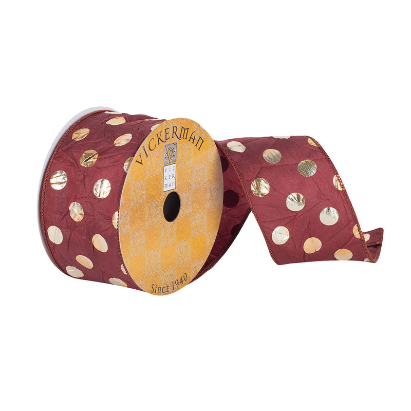 2.5"x10Yd Burgundy/Gold Metallic Dots