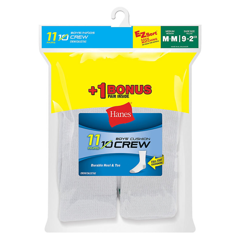 Hanes Ez-Sort Boys' Crew Socks 11-Pack (Includes 1 Free Bonus Pair)