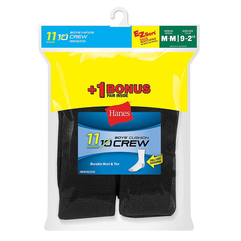 Hanes Ez-Sort Boys' Crew Socks 11-Pack (Includes 1 Free Bonus Pair)