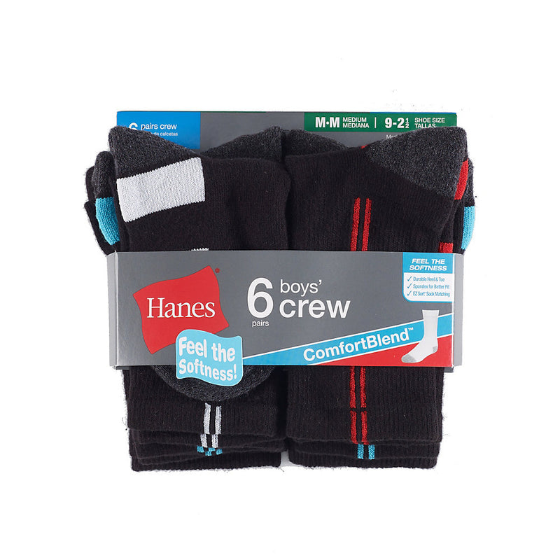 Hanes Boys' Crew (Size M And L) Comfortblend Black Assortment Socks 6-Pack