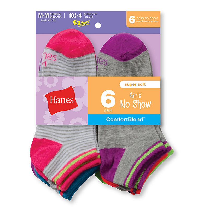 Hanes Girls' Fashion Comfortblend No-Show Socks 6-Pack