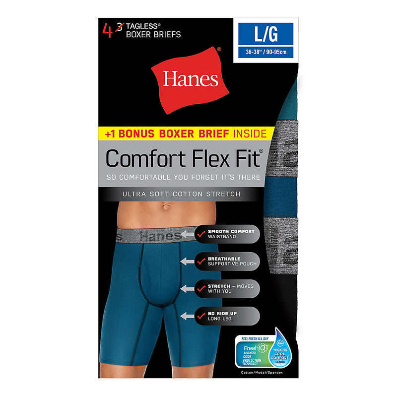 Hanes Men'S Comfort Flex Fit Ultra Soft Cotton Stretch Long Leg Boxer Briefs 4-Pack (3 + 1 Free Bonus Pack)