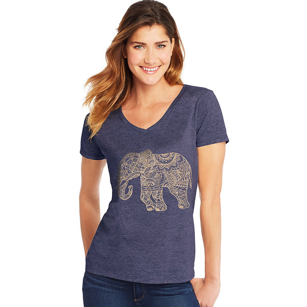 Hanes Women'S Pattern Elephant Short Sleeve V-Neck T-Shirt