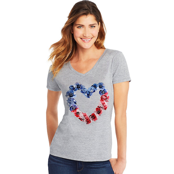 Hanes Women'S Stars & Stripes Floral Heart Short Sleeve V-Neck T-Shirt