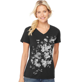 Hanes Women'S Bleach Floral Cascade Short-Sleeve V-Neck Graphic T-Shirt