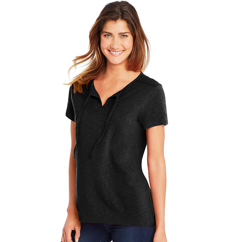 Hanes Women'S Tie Front Henley With Crochet Trim