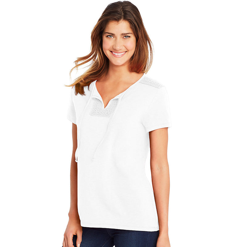 Hanes Women'S Tie Front Henley With Crochet Trim
