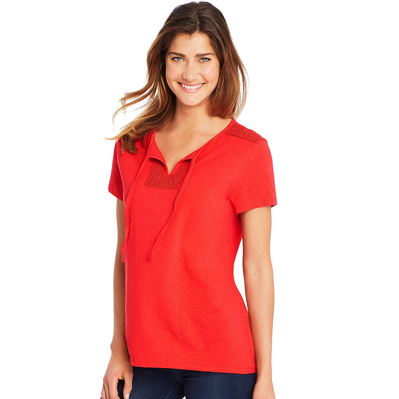 Hanes Women'S Tie Front Henley With Crochet Trim