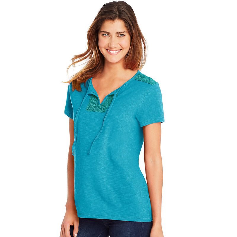 Hanes Women'S Tie Front Henley With Crochet Trim