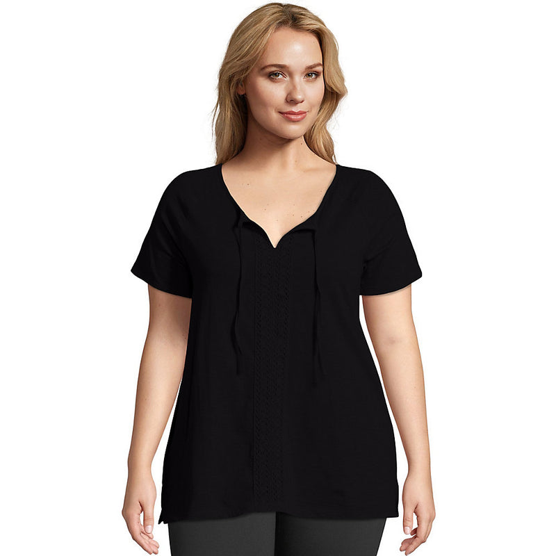 Just My Size Split Neck Lace Front Top