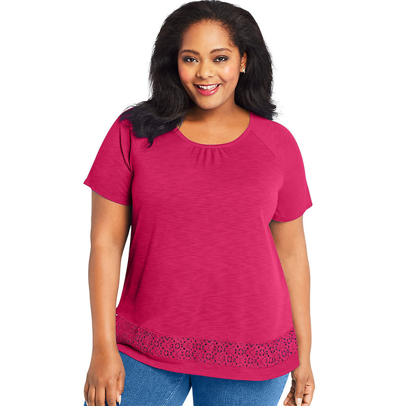 Just My Size Lace Panel Short Sleeve Top